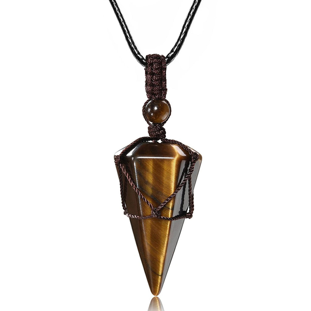 Top Plaza Mens Necklace 6 Facet Healing Crystal Tiger Eye Stone Pendant Necklaces Adjustable Natural Gemstone Necklace Reiki Qua