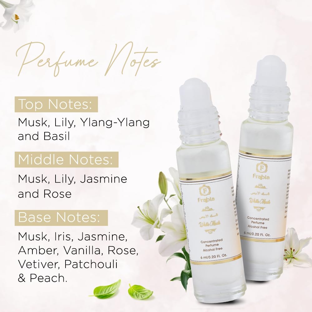 Frabia White Musk Attar Perfume Oil Roll On for Men and Women | Musk, Lily and Rose Fragrance Notes | 12 Hrs Long Lasting, Alcoh