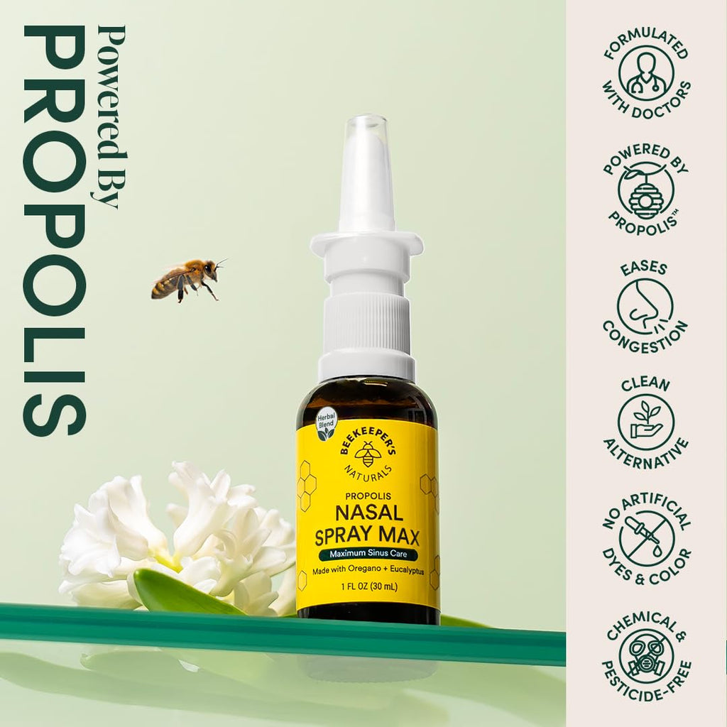 Beekeepers Naturals Propolis Nasal Rinse Spray Max, Relief for Adults w/Eucalyptus, Oregano & Saline, Clears Nasal Congestion,