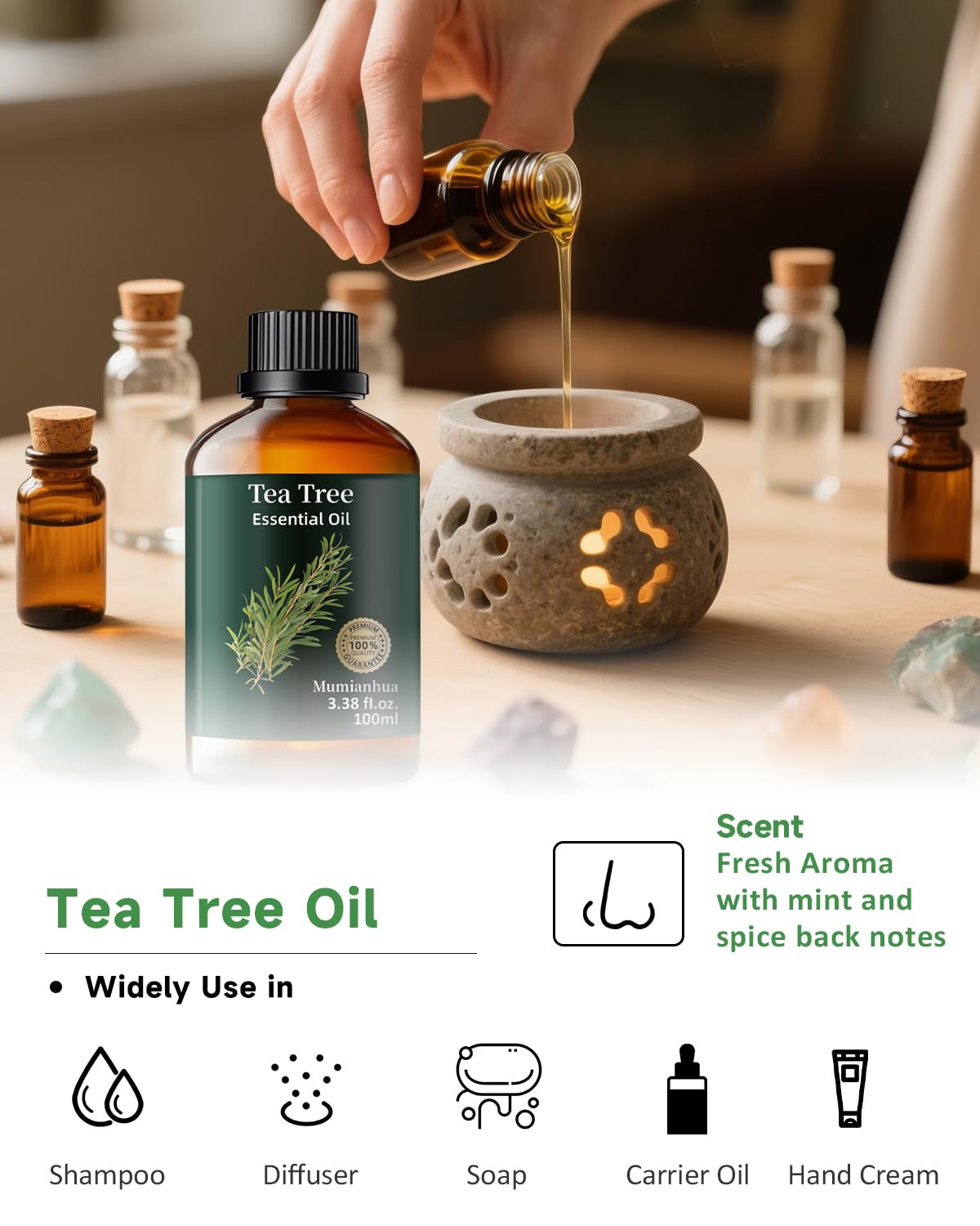 Tea Tree Essential Oil Pure Mumianhua Natural Tea Tree Oil for Diffuser, Aromatherapy, Skin, Face, Toenails, Foot Soak and DIY S