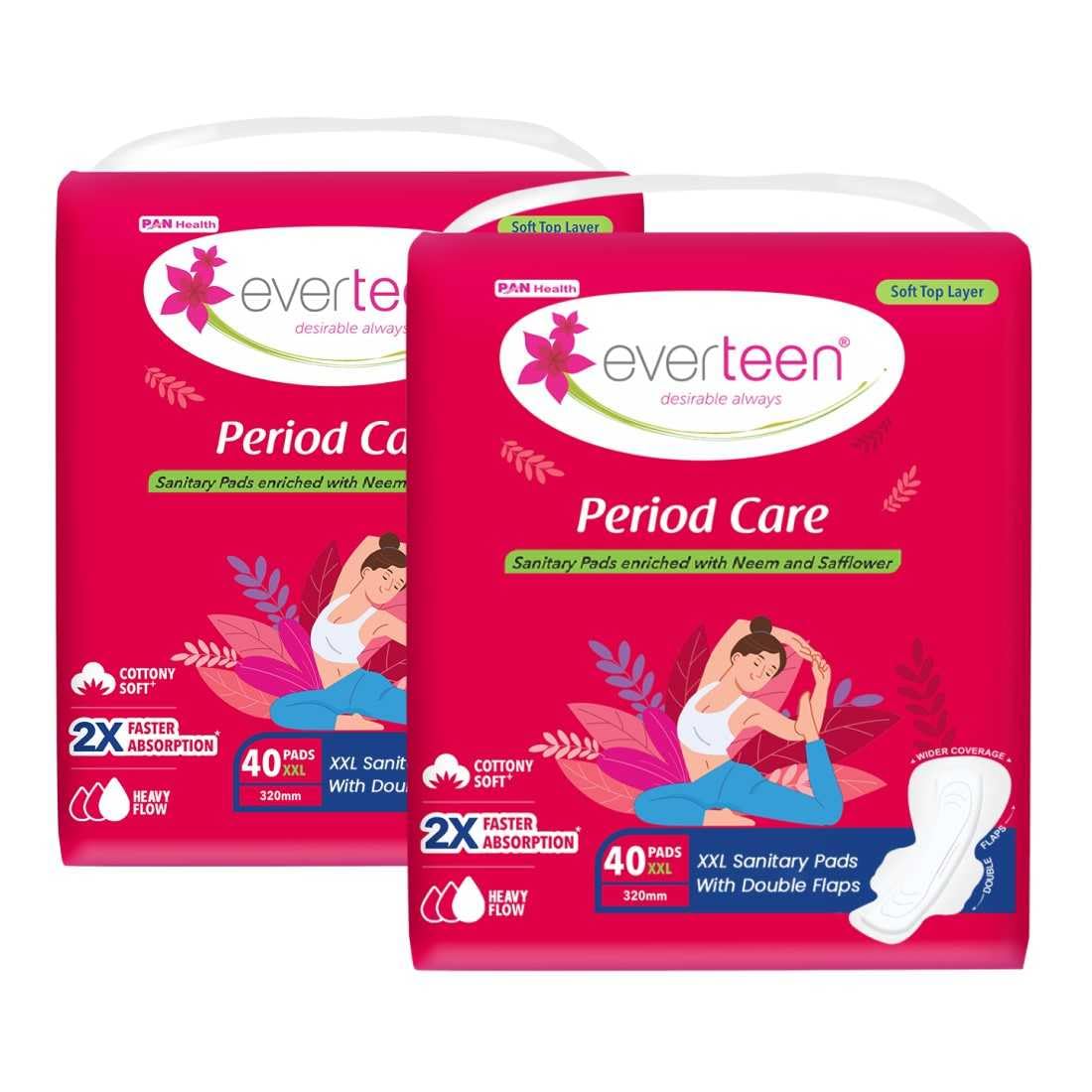 Everteen Sanitary Pads Xxl For Women 80 Pads, Cotton Soft Sanitary Napkin Xxl 320Mm, Extra Long Pad For Heavy Flow, Wider Back C