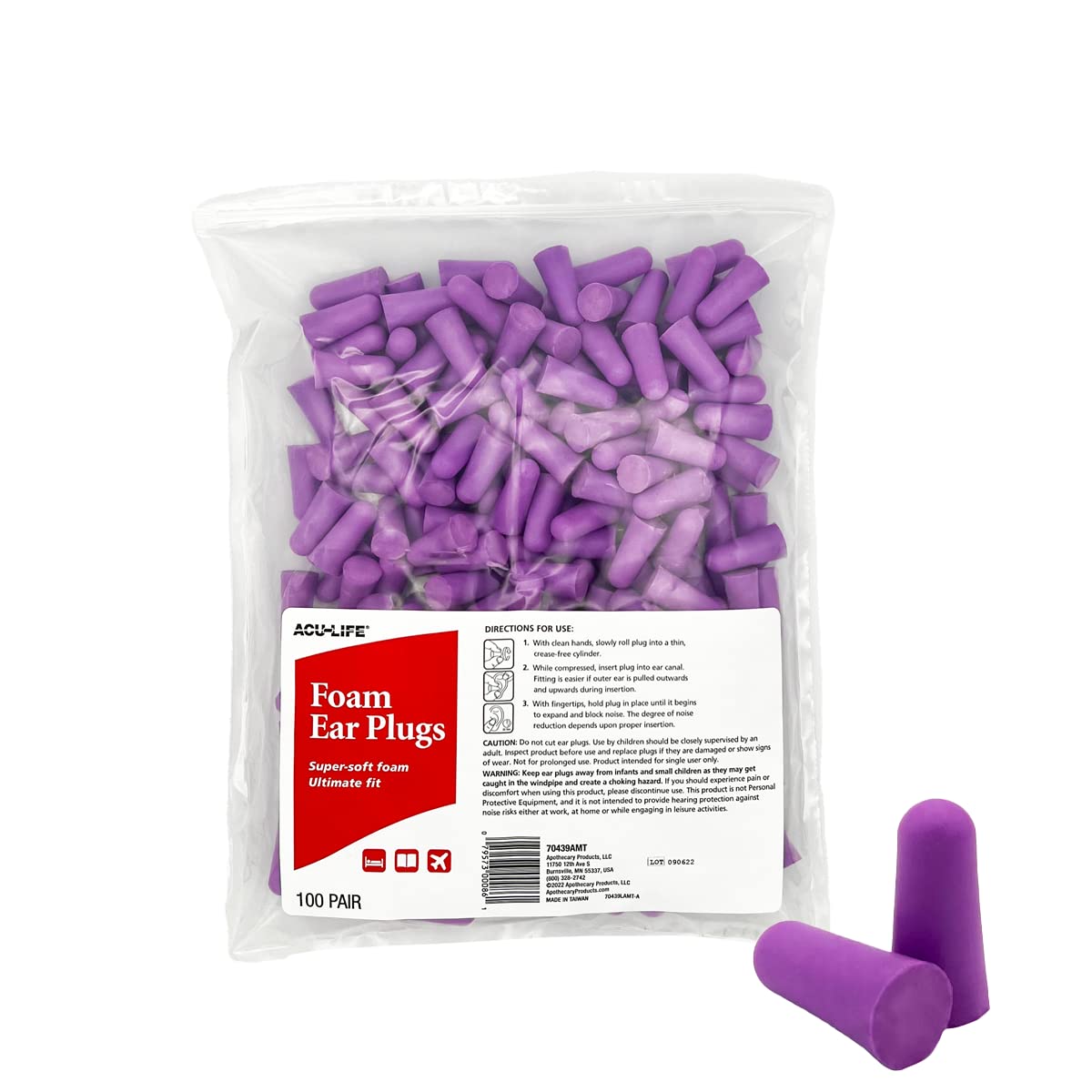 Acu-Life Foam Ear Plugs (100 Pair), Super-Soft Ear Plugs for Sleeping, Snoring, Noise, Ideal for Studying and Traveling, Ultimat