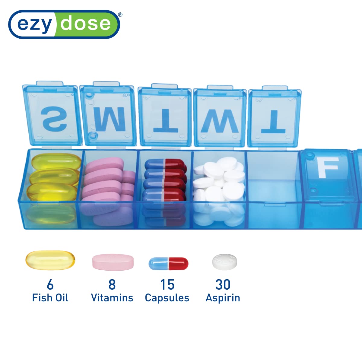 EZY DOSE Weekly (7-Day) Pill Case, Medicine Planner, Vitamin Organizer Box, X-Large Compartments, Travel-Friendly, Black