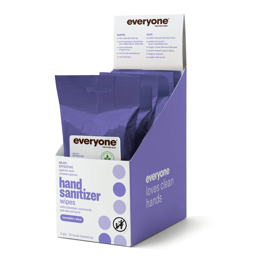 Everyone Hand Sanitizer Wipes, 15 Wipes (Pack of 6), Lavender and Aloe, Sugar Cane Derived Alcohol with Essential Oils, TSA frie