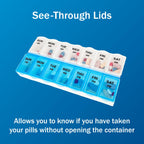 Amazon Basic Care (7-Day) AM/PM Pill Organizer, Vitamin Case, And Medicine Box, Large Compartments, 2 Times a Day, Blue and Clea