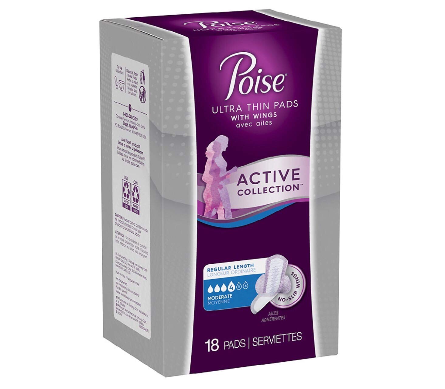 Poise Ultra Thin Pads with Wings Active Collection (Moderate - 18 Pads)