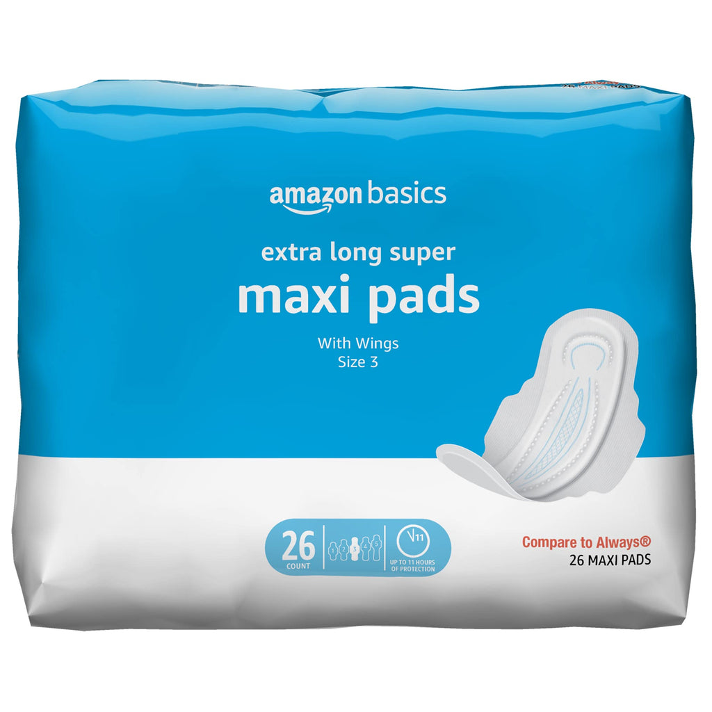 Amazon Basics Thick Maxi Pads with Flexi-Wings for Periods, Extra Long Length, Super Absorbency, Unscented, Size 3, 26 Count, 1 