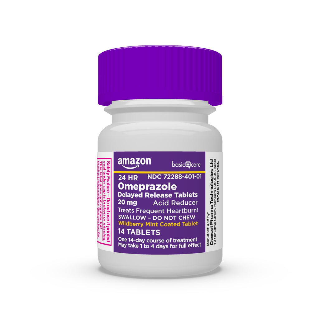 Amazon Basic Care Omeprazole Delayed Release Tablets 20 mg, Acid Reducer, Wildberry Mint Coated Tablet, 14 Count