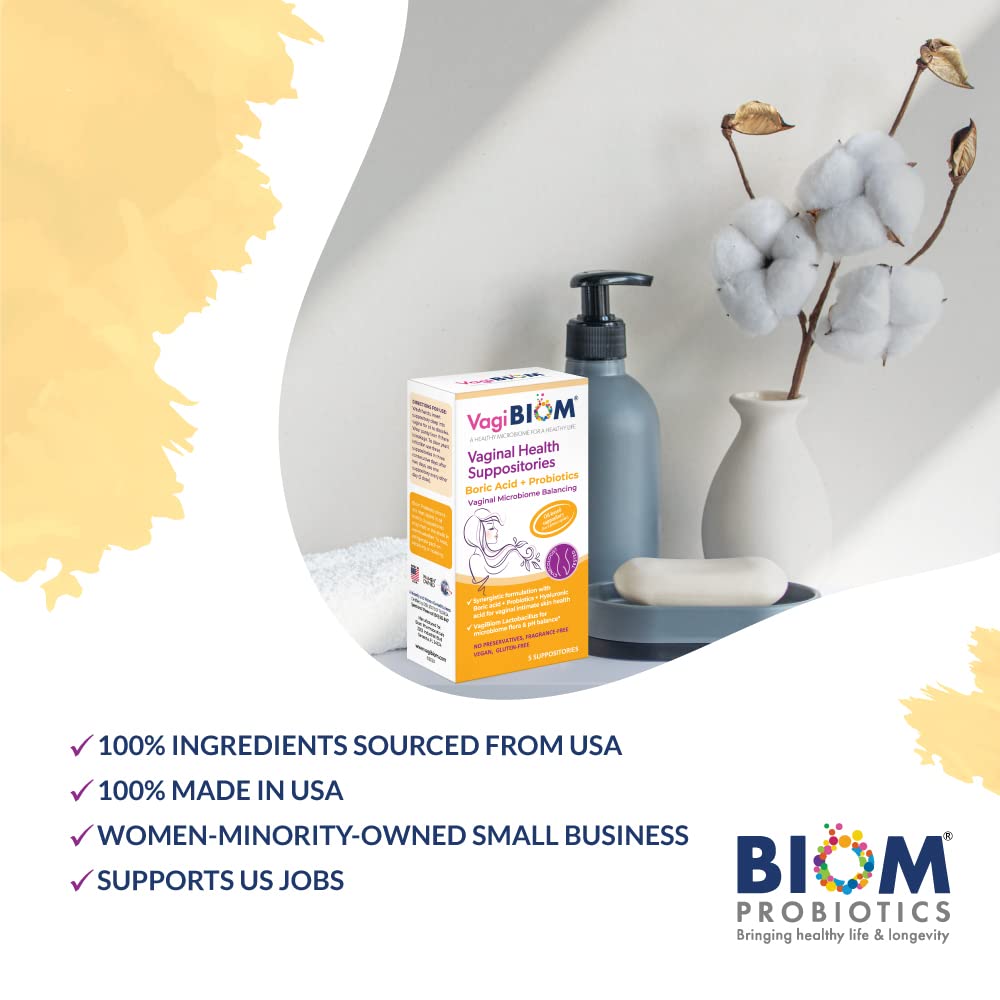 VagiBiom Boric Acid Suppositories with Lactobacillus: Microbiome Flora Balance; Balance and Nourishes Healthy Flora; Paraben-Fre