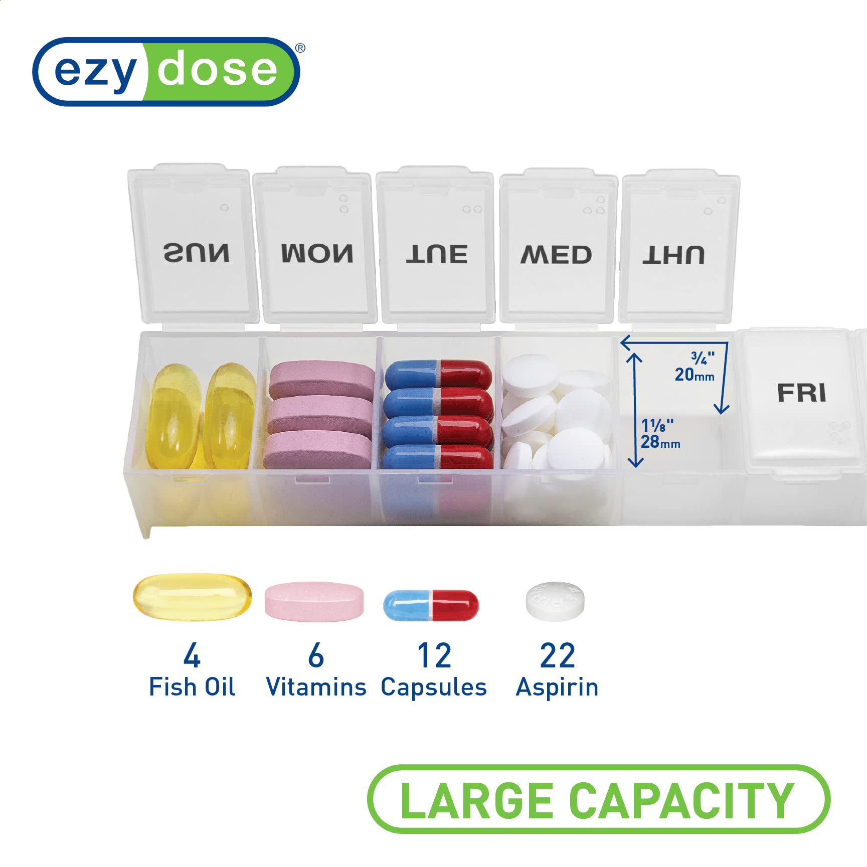 EZY DOSE Weekly (7-Day) Pill Organizer, Vitamin Planner, and Medicine Box, Large Compartments, Clear, Made in The USA