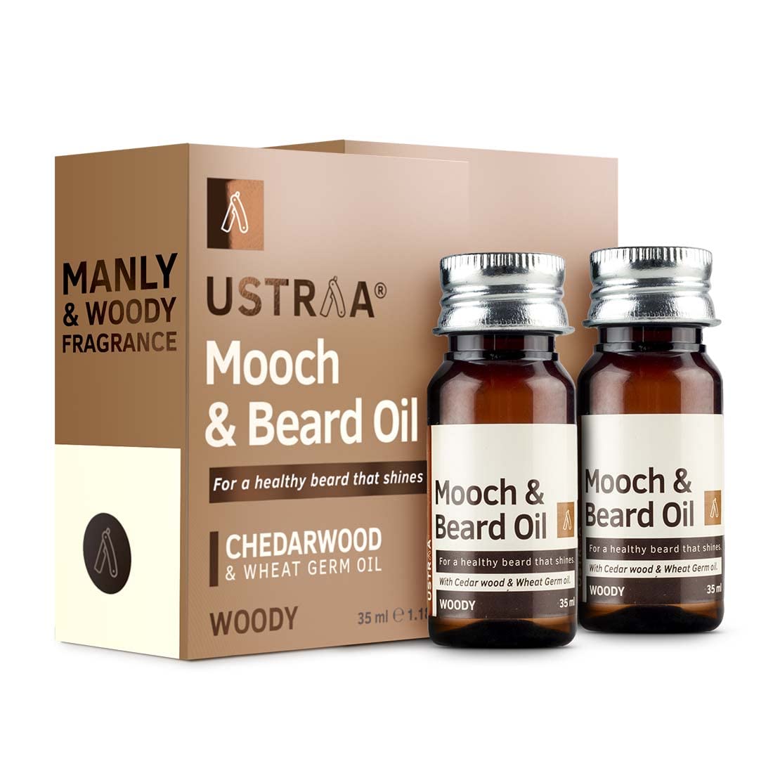 Ustraa Woody Mooch And Beard Oil  2 X 35Ml  Shine, Nourishment & Pleasant Fragrance For Beard | No Paraben | Cedar Wood Essent
