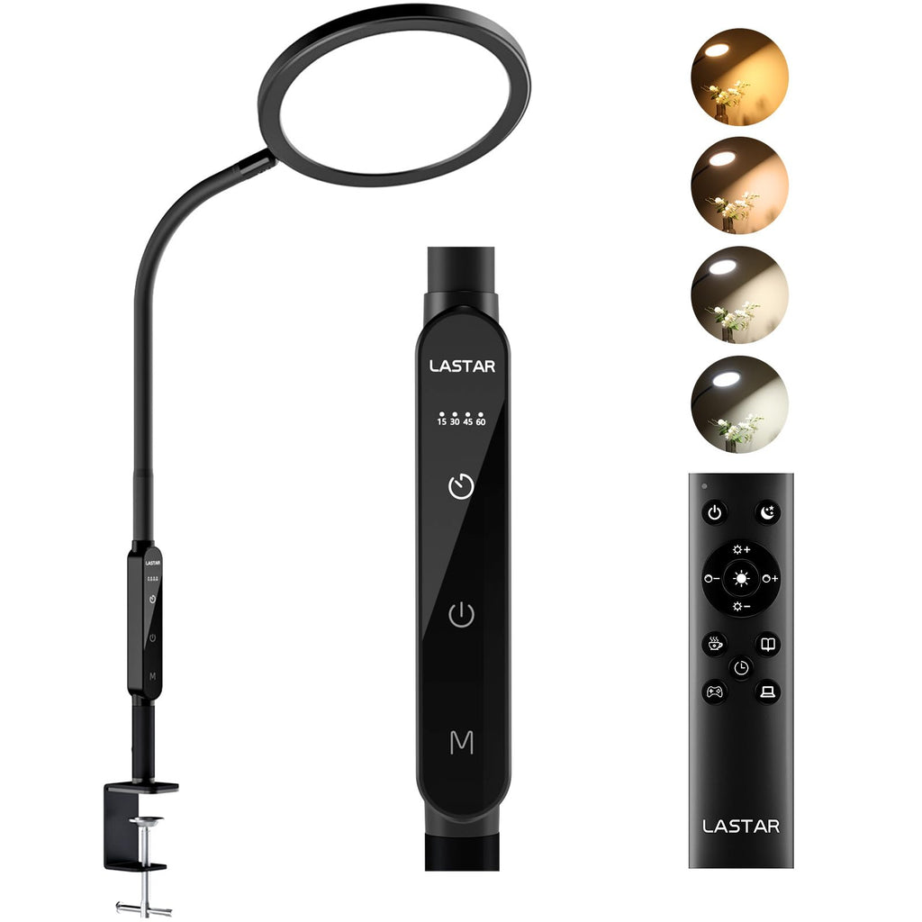 LASTAR LED Desk Lamp with Clamp, Remote Control & Touch, Desk Lamp for Home Office 5 Brightness/4 Colors/4 Timer/Memory/ 360 Fle