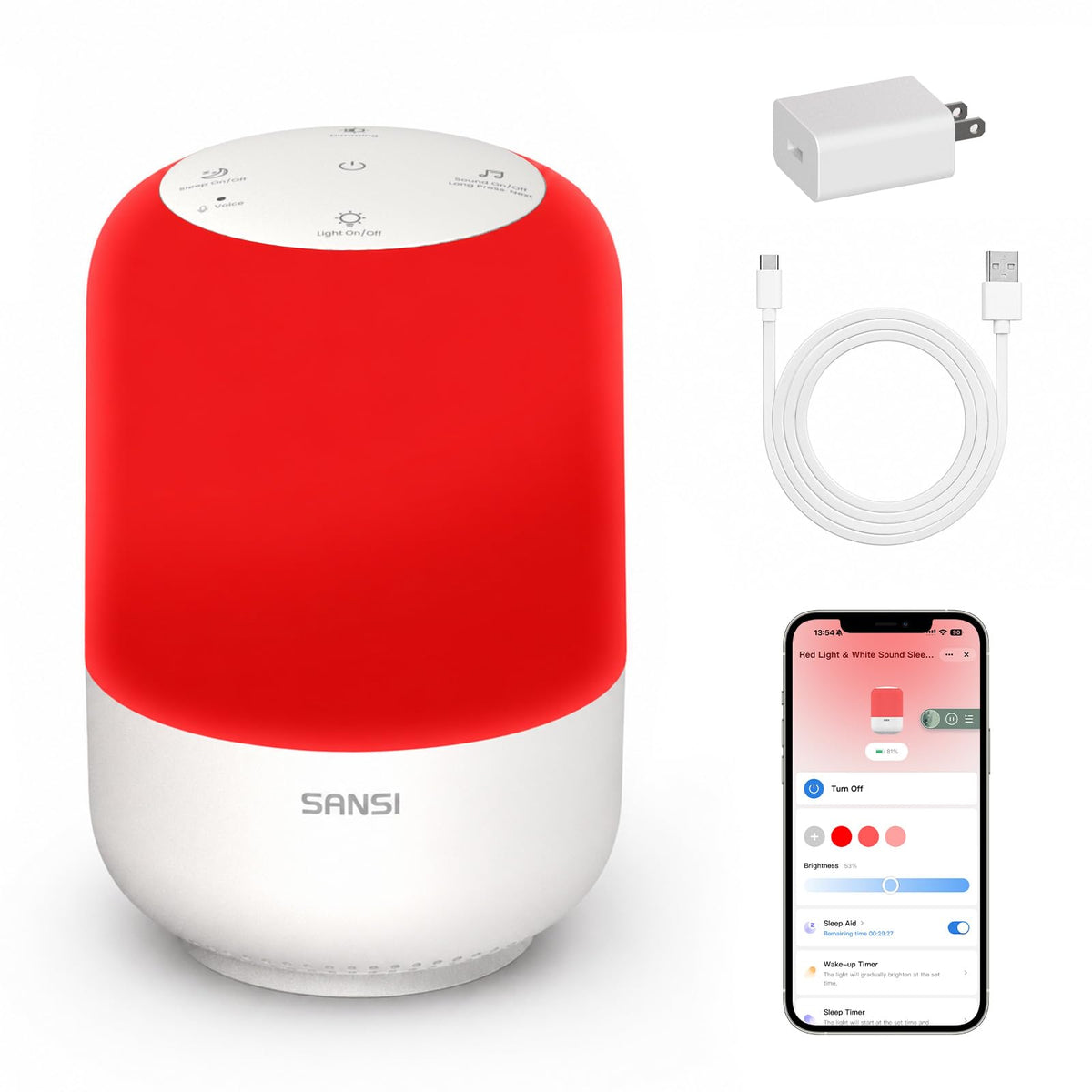 SANSI Red Light Therapy Lamp for Sleep, Smart App Control, 5000Mah Battery