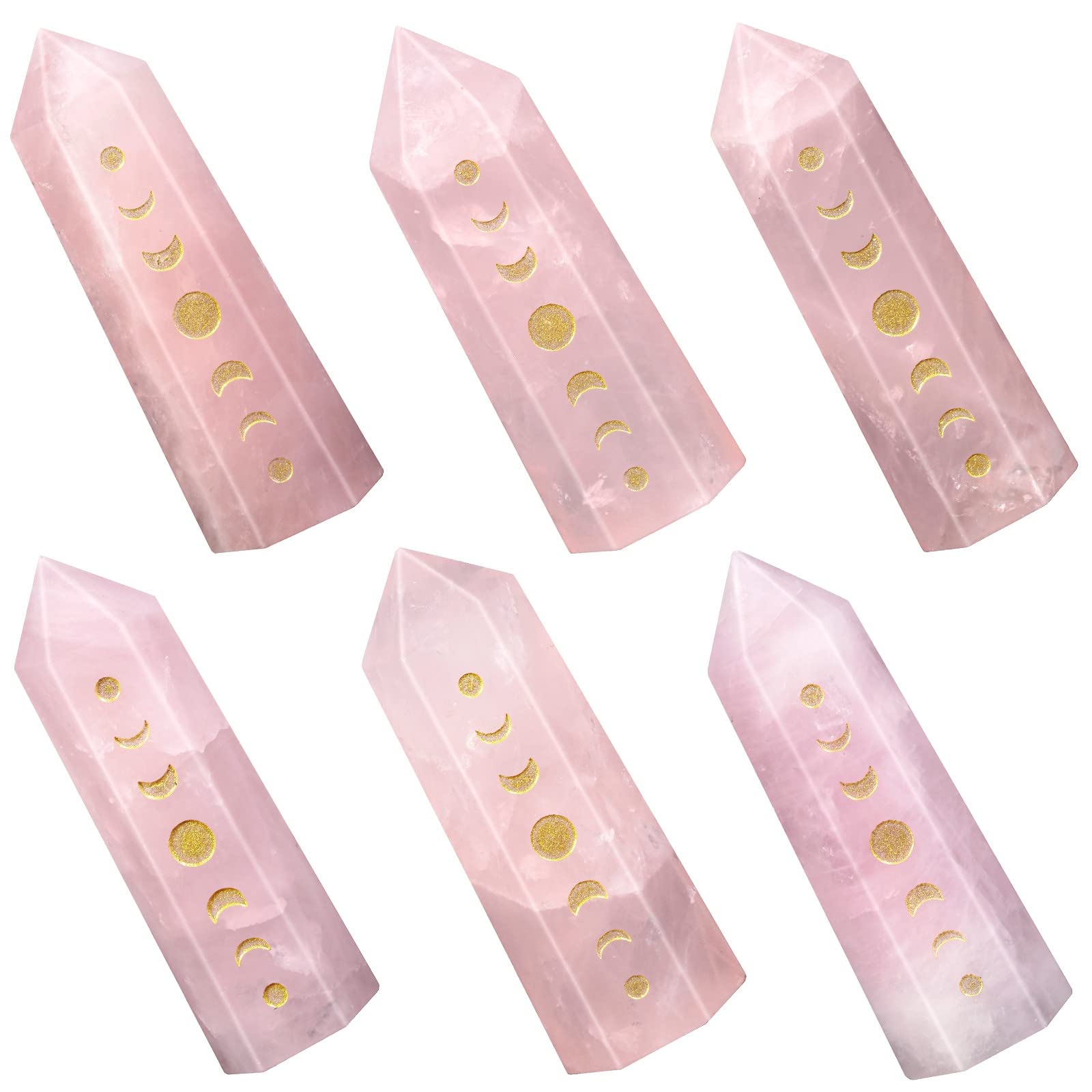 Amogeeli Wicca Moon Phase Rose Quartz Point Wand for Reiki Meditation, 6 Faceted Prism Healing Stone Decoration for Home & Offic