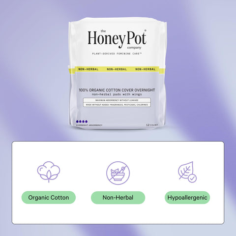 The Honey Pot Company - 48ct - Pads for Women - Non-Herbal Overnight Pads w/Wings - Organic Cotton Cover, & Ultra-Absorbent Pulp