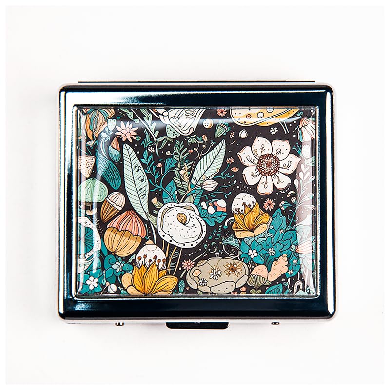 BOKAAW Magic Flowers 7 Days Chromed Shiny Silver Pill Organizer with Mirror Inside Has 8 Separate Compartments Rectangle 7 Days 