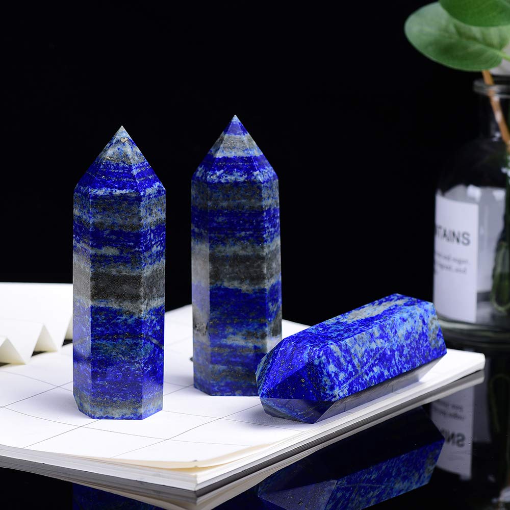 Runyangshi Blue Lapis Lazuli Natural Healing Crystal Wands Height 2-2.4, 6 Faceted Prism Wand Reiki Chakra Stone, Natural Quartz