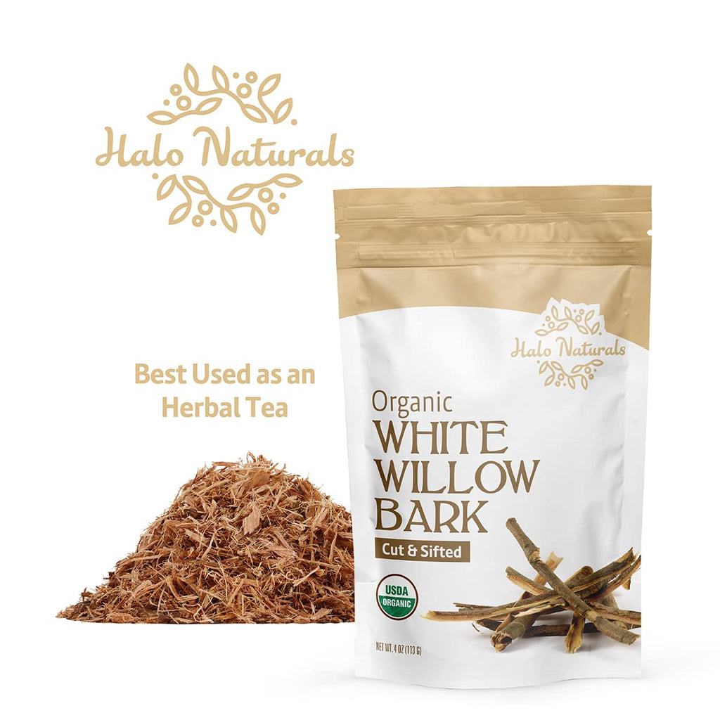 Halo Naturals Organic White Willow Bark Cut & Sifted, 4 Ounces (Salix alba) USDA Certified | Resealable Pouch| Packaged in The U