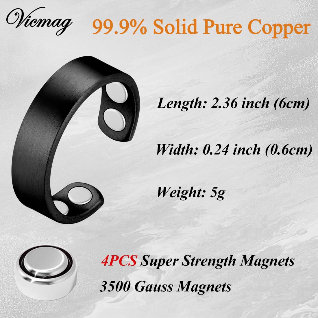 Vicmag Copper Magnetic Rings for Women 99.9% Copper Finger Ring Ultra Strength Magnet Gift Adjustable(4X Black)