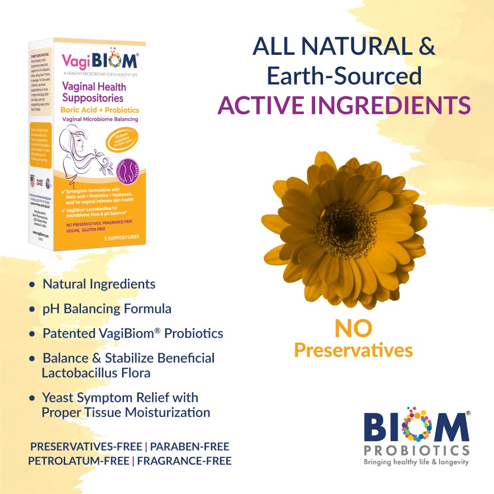 VagiBiom Boric Acid Suppositories with Lactobacillus: Microbiome Flora Balance; Balance and Nourishes Healthy Flora; Paraben-Fre