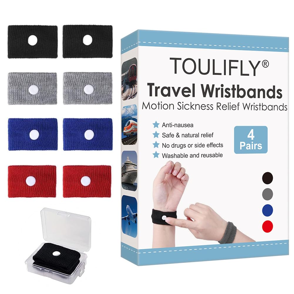 TOULIFLY Travel Wristbands, Anti Nausea Bands, Travel Motion Sickness Relief Wrist Band,Natural Nausea Relief, 4-Pair