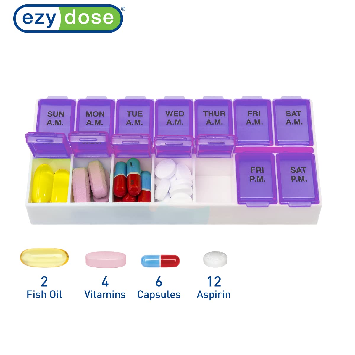EZY DOSE Weekly (7-Day) AM/PM Pill Case, Medicine Planner, Vitamin Organizer, Medium Compartments, 2 Times a Day, Color May Vary