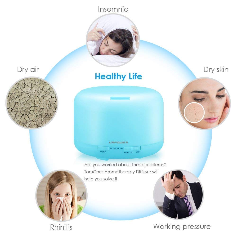 URPOWER Upgraded 500ML Essential Oil Diffuser Humidifiers Ultrasonic Aromatherapy Diffusers with 4 Timer Settings and Waterless