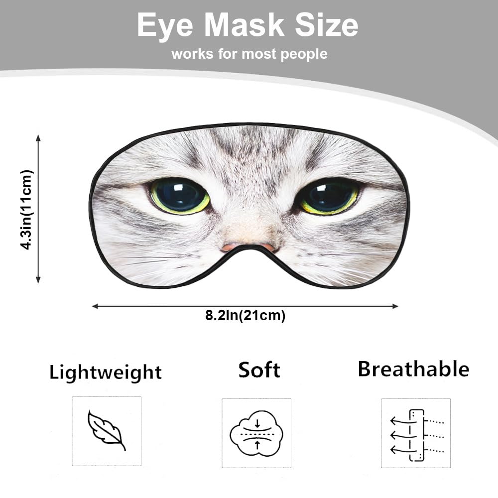 NOHSHE Cat Silk Eye Mask Sleep Mask Cute Funny Kitten Big Green Eyes Animal Pet Eye Mask with Adjustable Strap Lightweight for W
