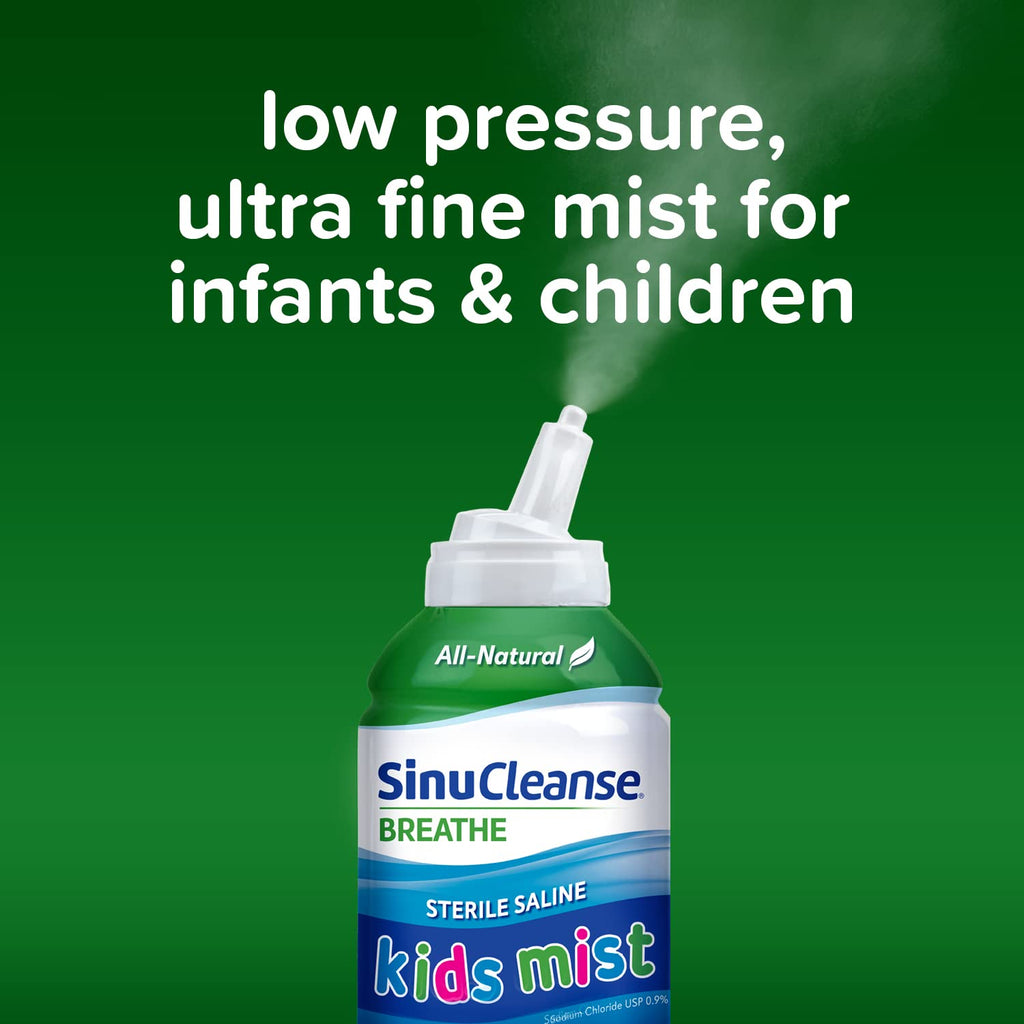 SinuCleanse Sterile Saline Kids Nasal Spray, Ultra Fine Mist, Instantly Moisturizes Dry, Stuffy Noses, Safe for Newborns & Up, 4