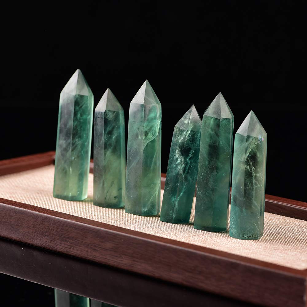 Runyangshi Green Fluorite Natural Healing Crystal Wands Height 2-2.4, 6 Faceted Prism Wand Reiki Chakra Stone, Natural Quartz