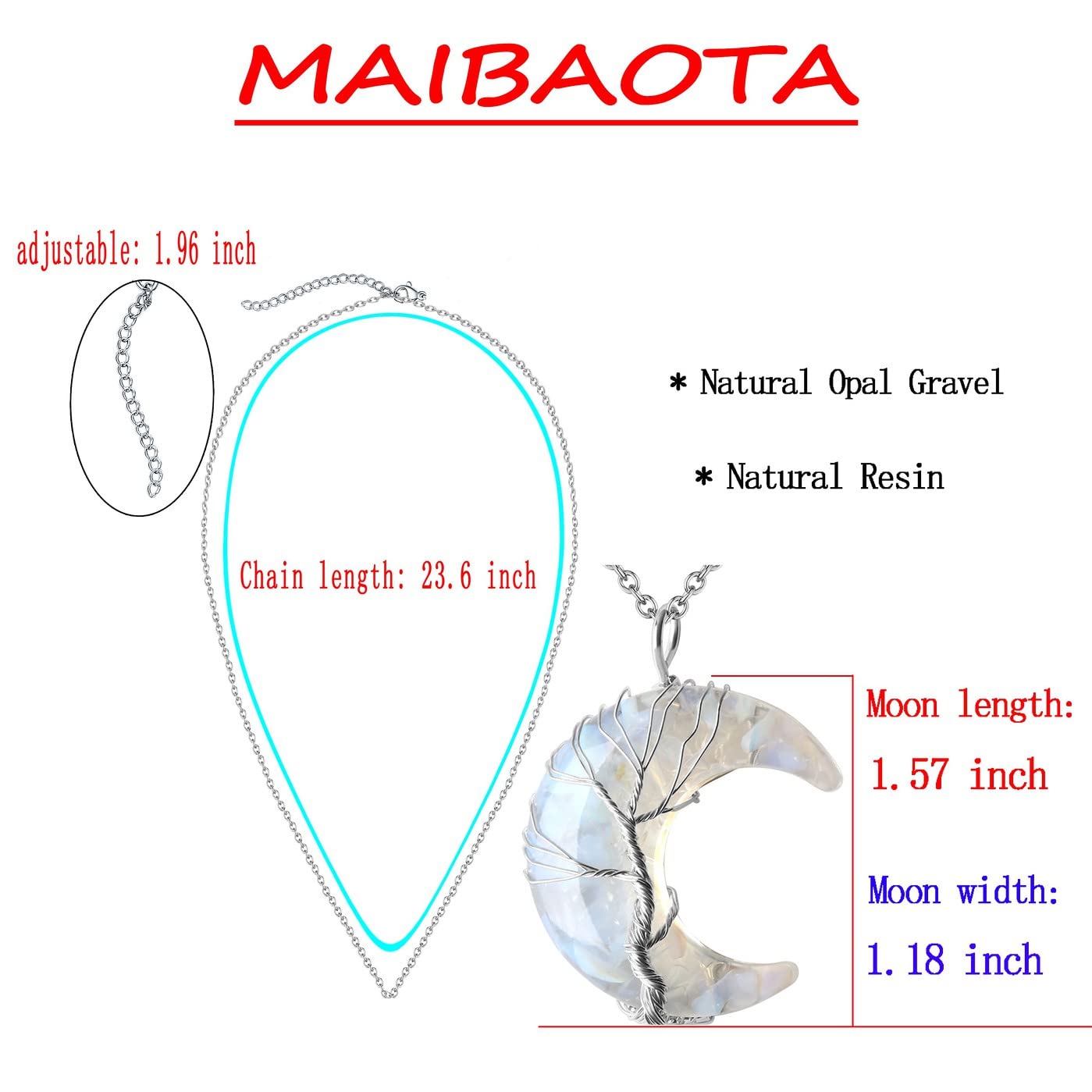 MAIBAOTA Opal Stone Necklace Healing Crystals Tree Life Wire Wrapped Crescent Moon Phase Pendant Necklace Mothers Day Gifts for