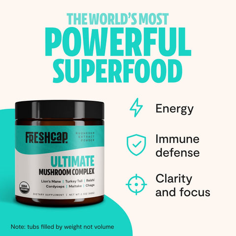 FreshCap Ultimate Mushroom Complex Powder - Ayurveda Lions Mane, Reishi, Cordyceps, Chaga, Turkey Tail, Maitake Supplements - fo