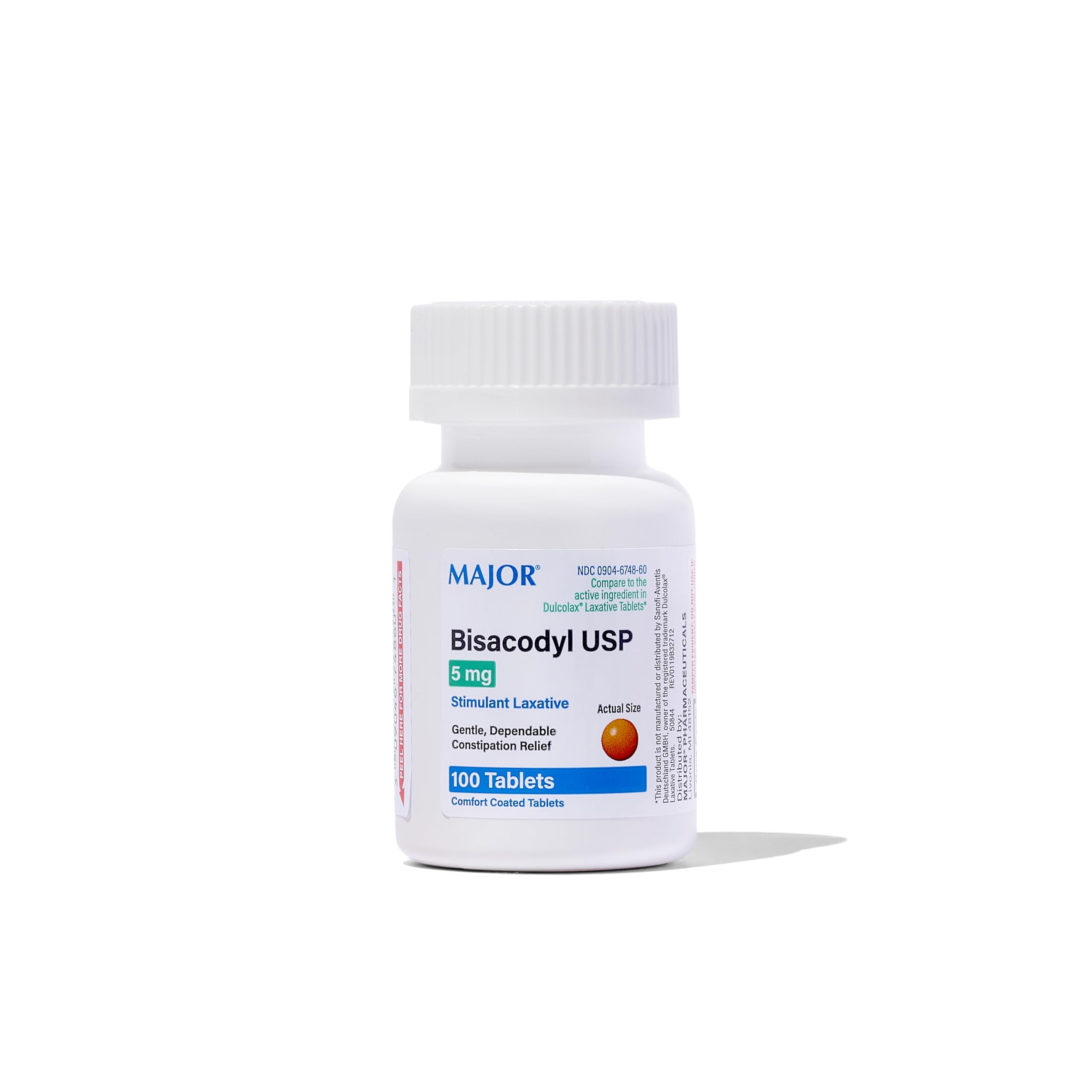 Major Pharmaceuticals Bisacodyl Stimulant Laxative, 5mg Enteric Coated, 100 Tablets
