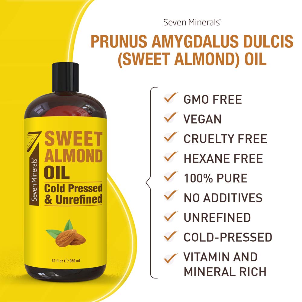 Seven Minerals, Pure Cold Pressed Sweet Almond Oil - Big 32 fl oz Bottle - Unrefined &100% Natural - For Skin & Hair, with No Ad