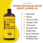 Seven Minerals, Pure Cold Pressed Sweet Almond Oil - Big 32 fl oz Bottle - Unrefined &100% Natural - For Skin & Hair, with No Ad