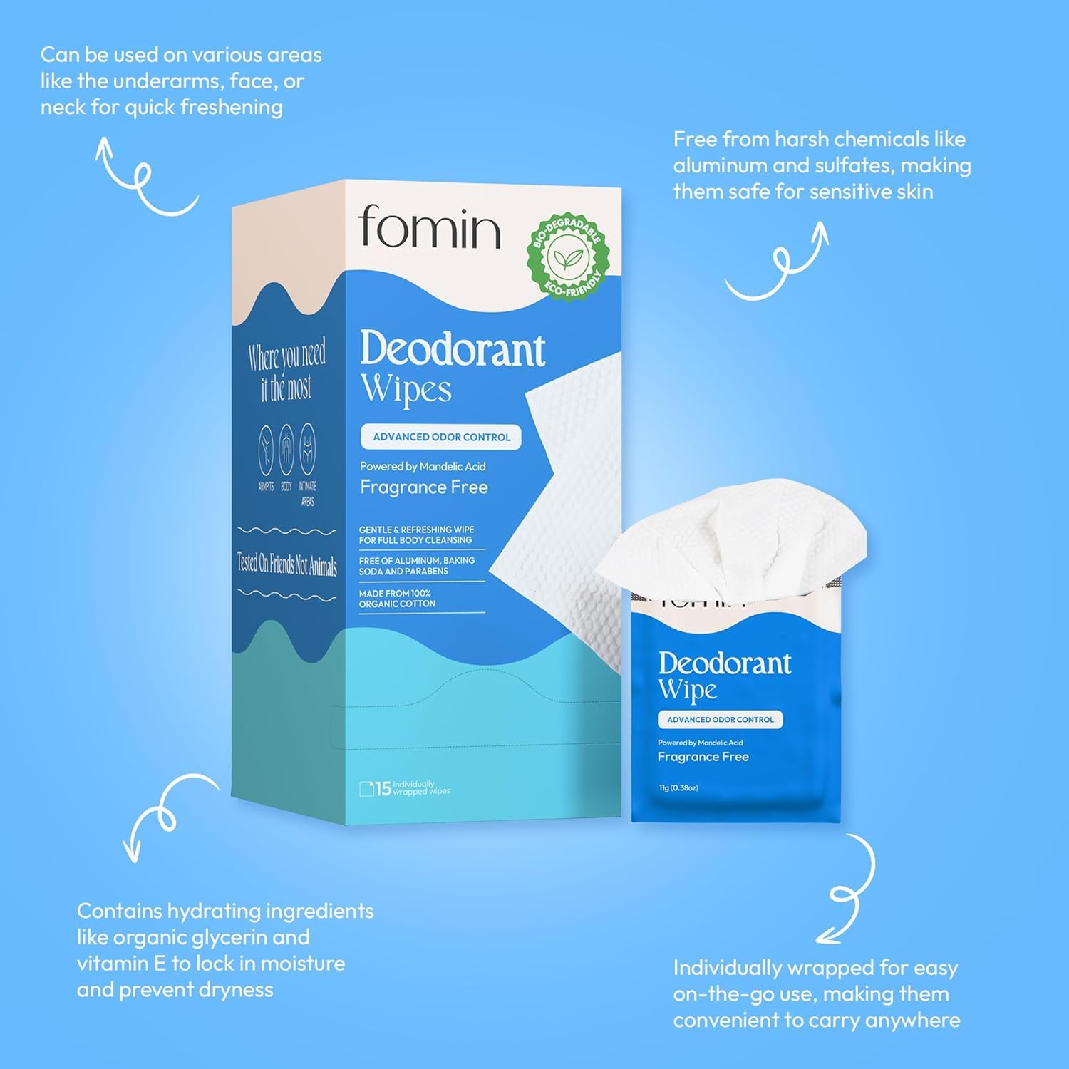 FOMIN Acidified Travel Deodorant Wipes For Women & Men - 50 Count - Fragrance Free - pH Balanced, Mini Deodorant Travel Size Wip