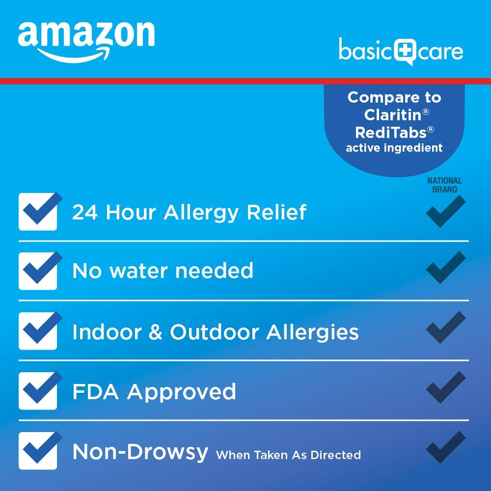 Amazon Basic Care Loratadine Orally Disintegrating Tablets, 10 mg, Antihistamine, Allergy Medicine, 24 Hour Relief, 30 Count