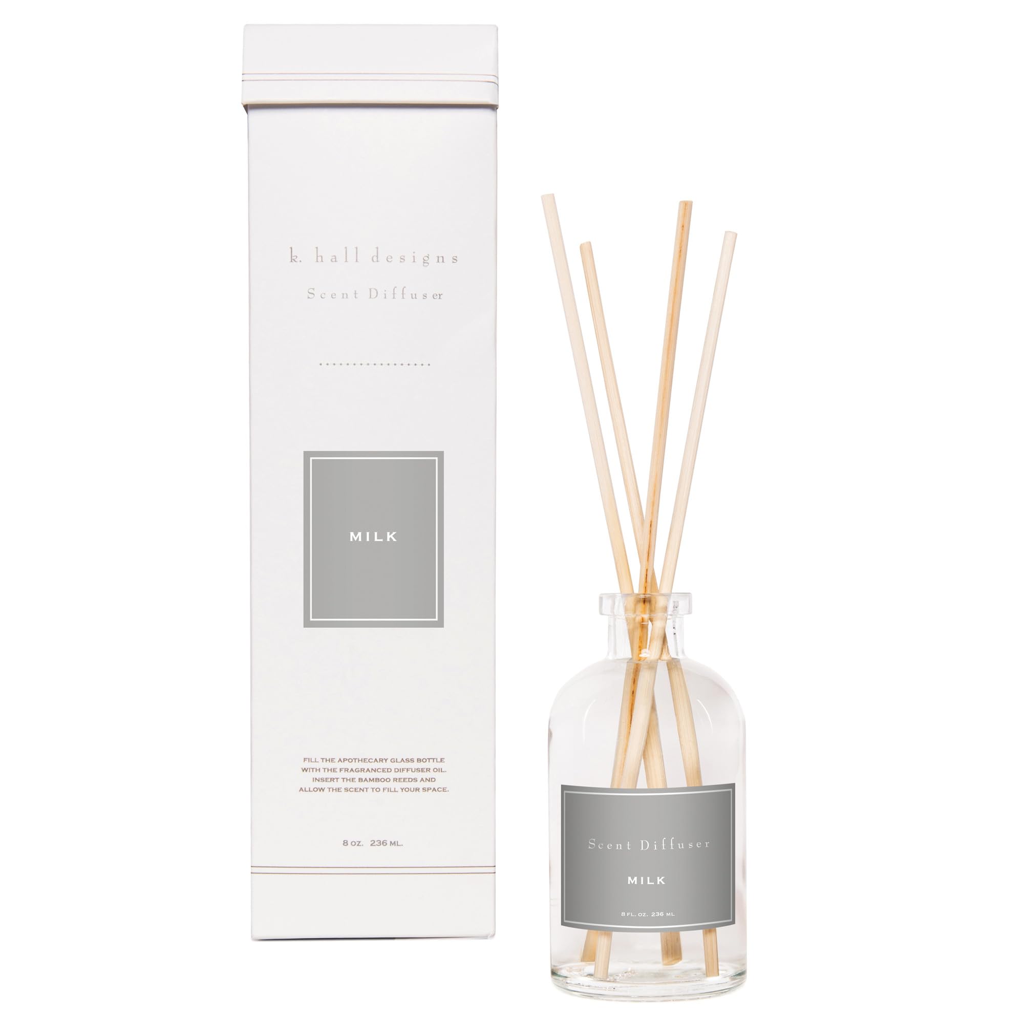 K.Hall Designs Milk Scent Boxed Diffuser Kit, Creamy-Sweet Scent with Coconut & Vanilla, Reed Diffuser Set for Home, Long Lastin