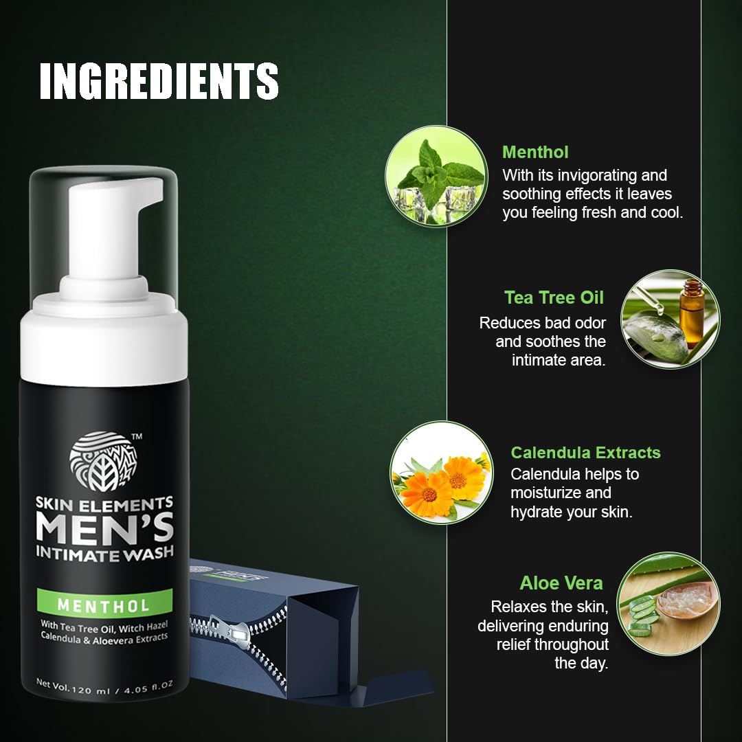 Skin Elements Intimate Wash for Men with Menthol (4.05 fl. oz.) | pH Balanced Foaming Private Part Cleaner | Prevents Itching, I