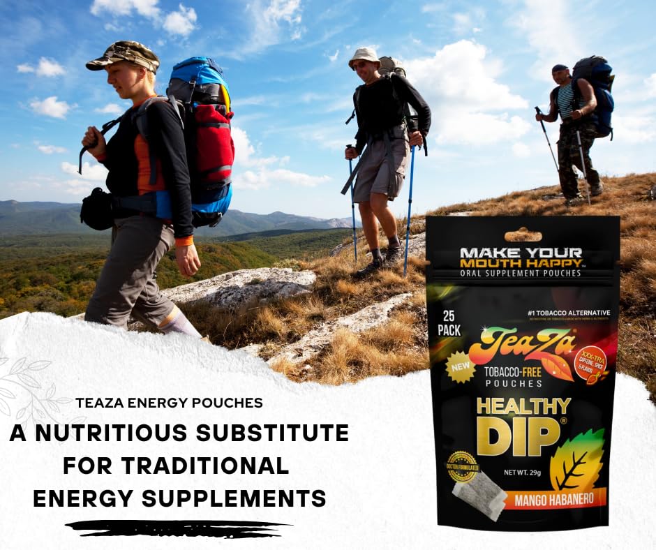 Teaza Energy Pouches Tobacco Alternative Nicotine Free Dip, Smokeless Alternative Snuff Healthy Dip, Mango Habanero (8 Pack) Tob