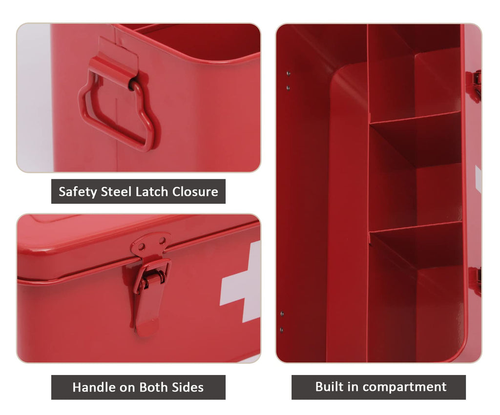 Xbopetda First Aid Medicine Box, First Aid Kit Supplies Bin, Metal Medicine Storage Tin, First Aid Empty Box with Safety Lock fo
