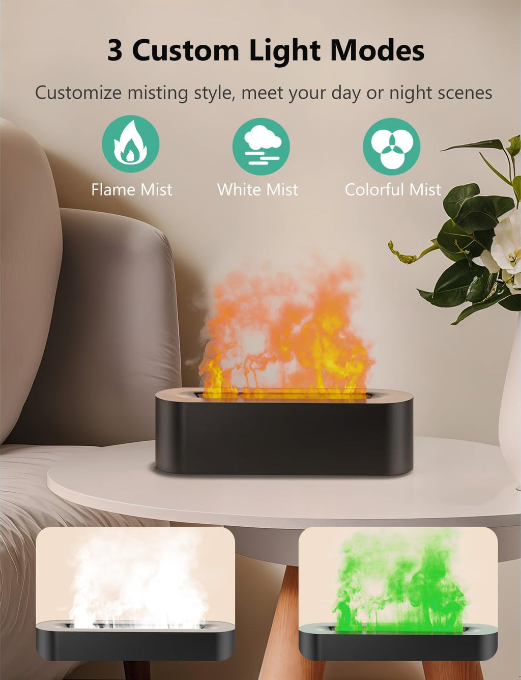 Flame Air Diffuser, Humidifier, Essential Oil Diffuser - 7 Colors, 180mL Capacity (8 Hours), Noiseless Operation, Auto-Off Prote