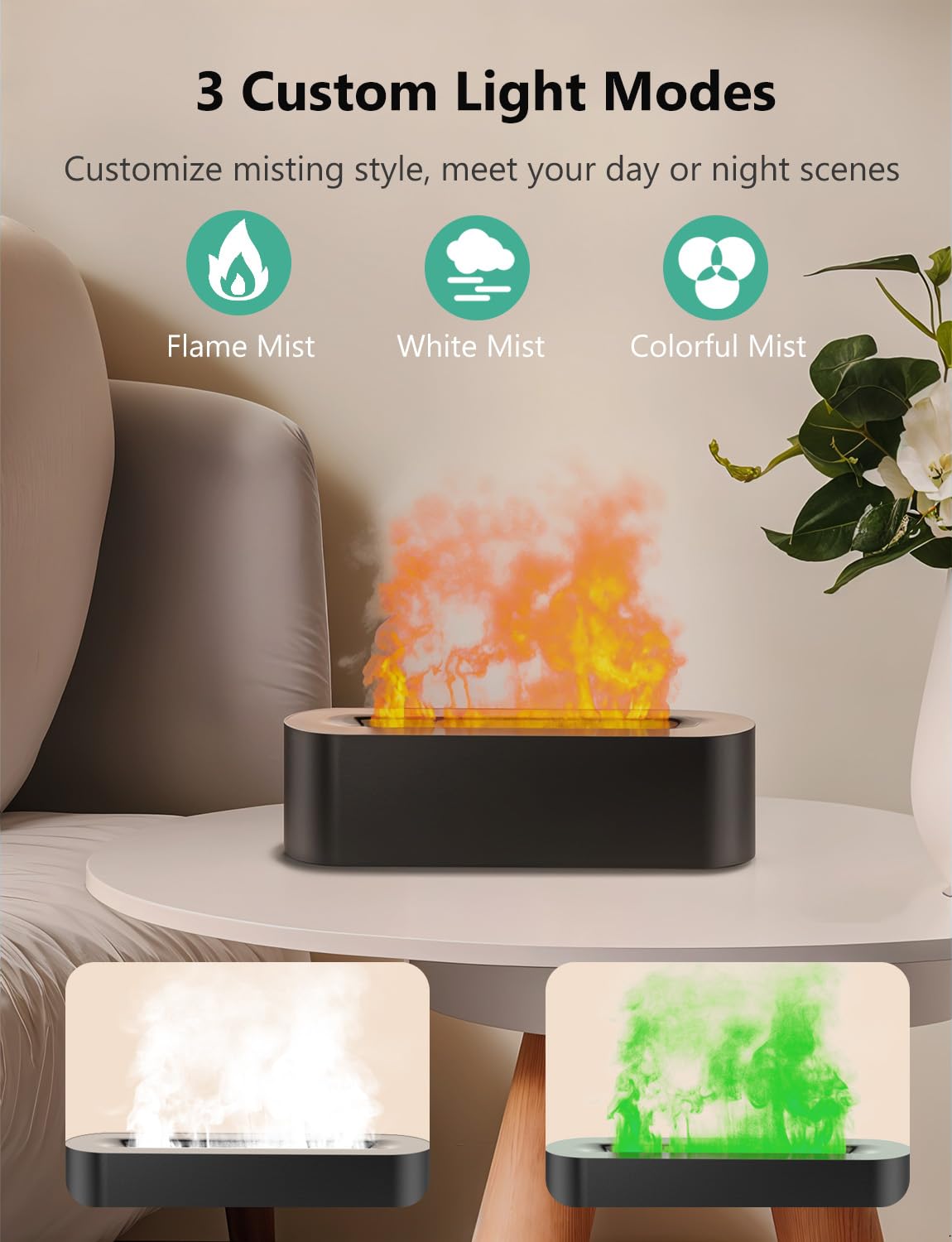 Flame Air Diffuser, Humidifier, Essential Oil Diffuser - 7 Colors, 180mL Capacity (8 Hours), Noiseless Operation, Auto-Off Prote
