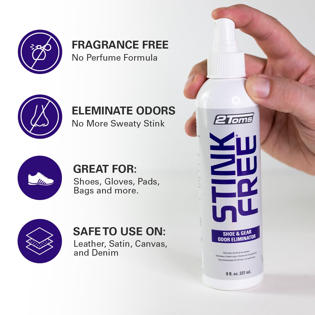 2Toms StinkFree Shoe Odor Eliminator Spray, Removes Odors Caused by Sweat in Shoes, Sneakers, Cleats, Boots & Gear, 8 Ounce Bott