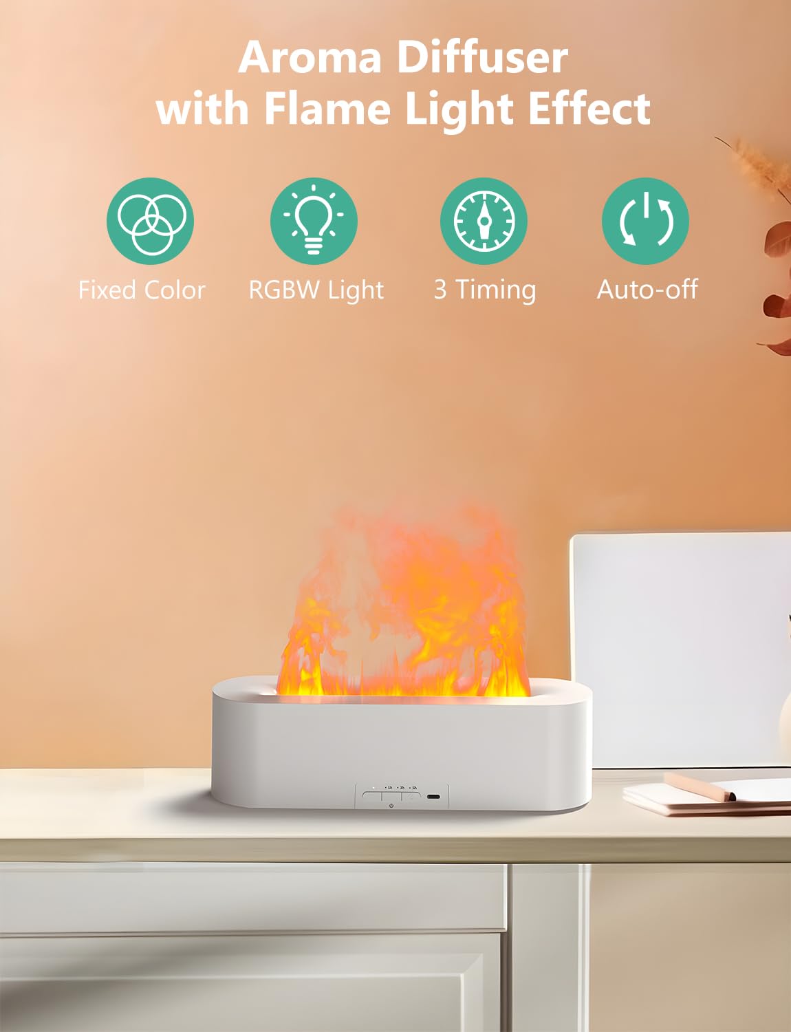 Flame Air Diffuser, Humidifier, Essential Oil Diffuser - 7 Colors, 180mL Capacity (8 Hours), Noiseless Operation, Auto-Off Prote