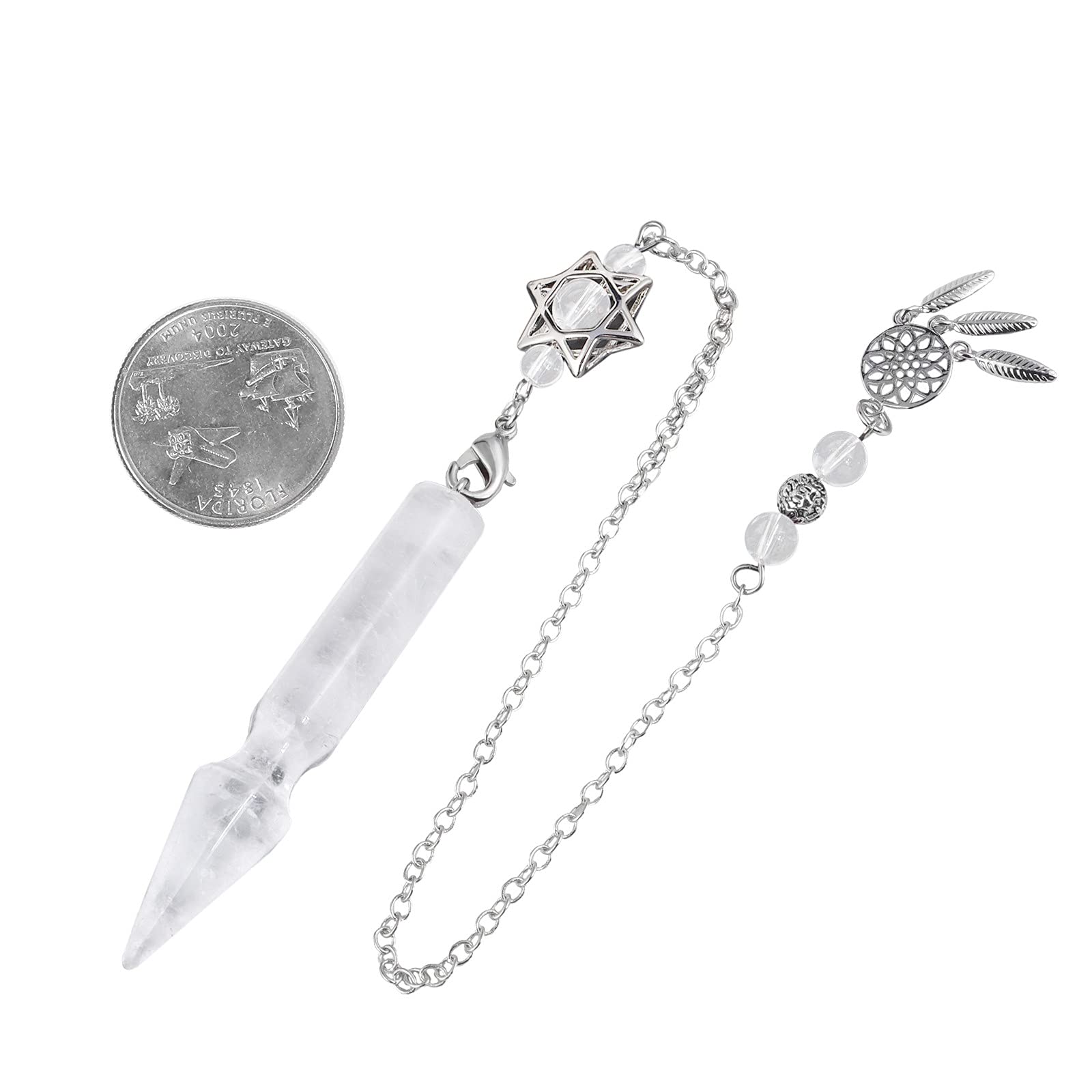 TUMBEELLUWA Crystal Point Pendulum for Divination Dowsing Faceted Stone Pendant Pendulum with Dream Catcher and Merkaba Star Cha