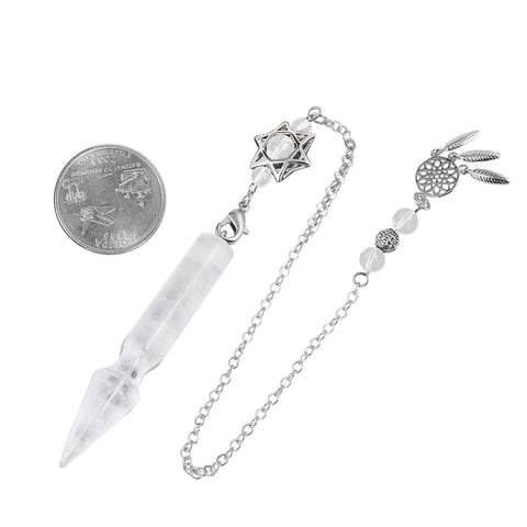 TUMBEELLUWA Crystal Point Pendulum for Divination Dowsing Faceted Stone Pendant Pendulum with Dream Catcher and Merkaba Star Cha