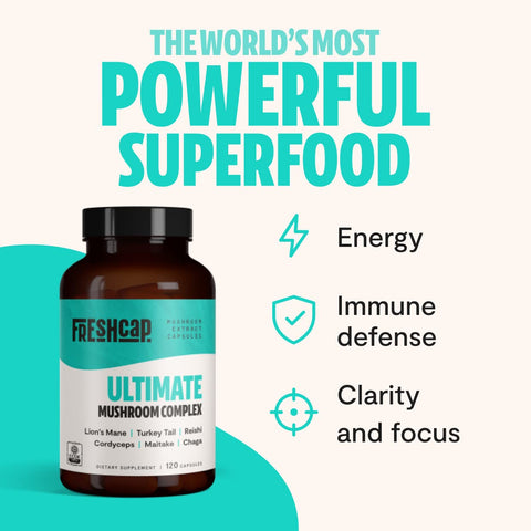 FreshCap Ultimate Mushroom Complex - Ayurveda Lions Mane, Reishi, Cordyceps, Chaga, Turkey Tail, Maitake - Immune Support & Noot