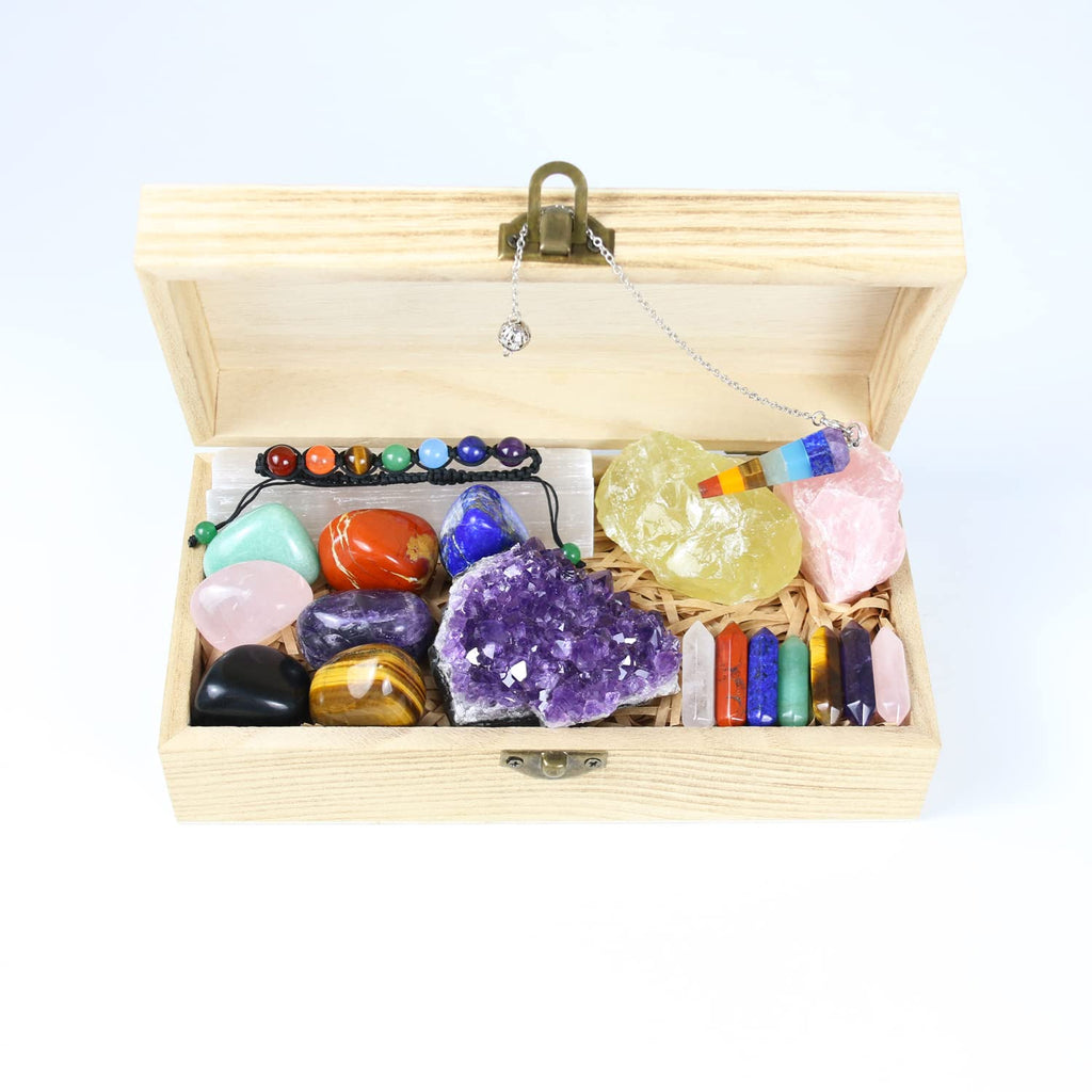 Nvzi Healing Crystals and Stones Kit in Box, Chakra Crystal Set, Amethyst Crystal, Rose Quartz, Citrine, Selenite Wands, Red Jas