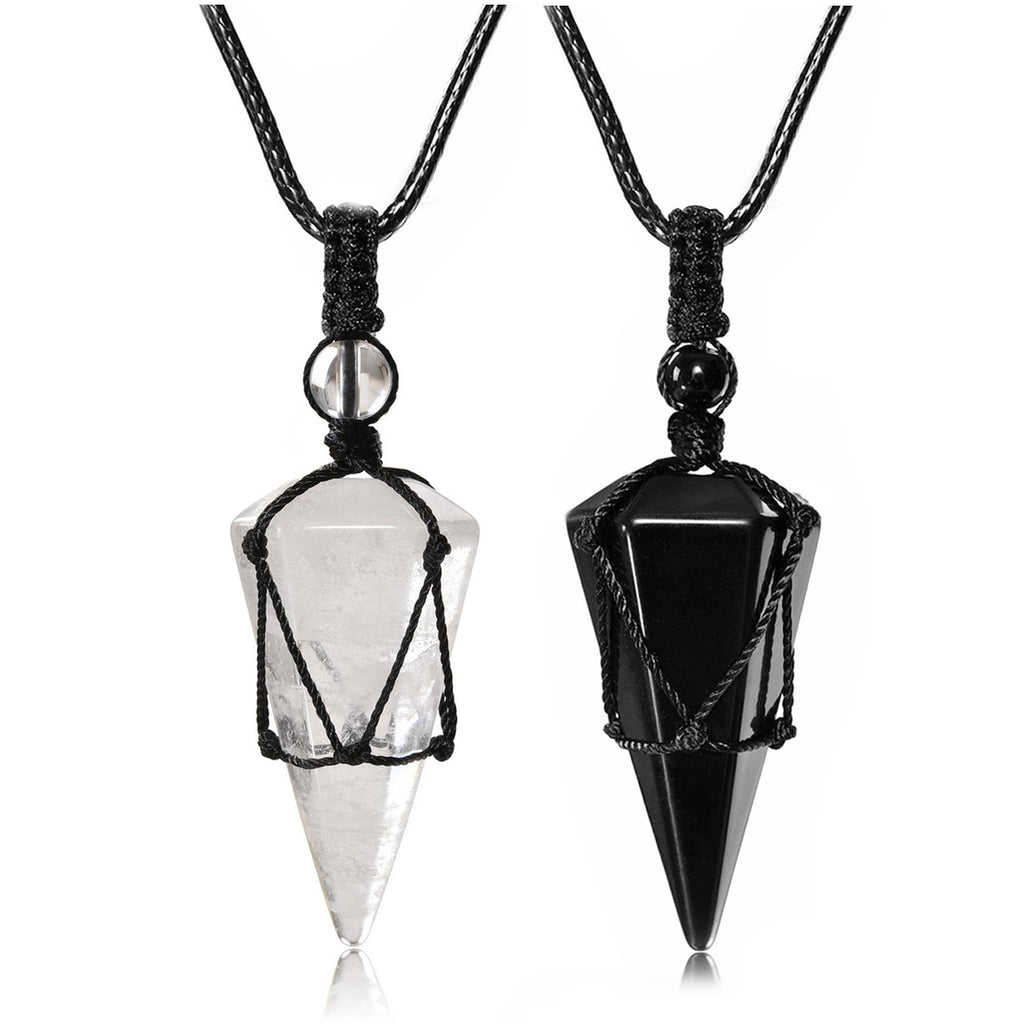 Top Plaza 2pcs Black Obsidian Clear Quartz Healing Crystal Stone Necklace for Women Men 6 Facet Pointed Pendant Necklaces Adjust